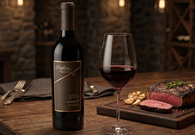 Bottle of 2014 Taplin Cellars Terra 9 Cabernet Sauvignon beside a glass of red wine and sliced grilled ribeye steak on a rustic table