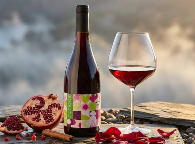 2021 Pinot Noir bottle next to filled glass, fresh pomegranate, cinnamon, and rose petals on slate - Final 25 Cases