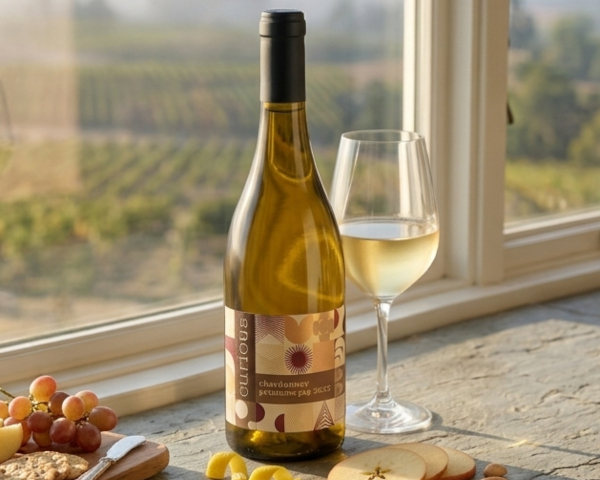 Bottle of 2022 Petaluma Gap Chardonnay next to a glass of white wine, fresh lemon peel, apple slices, and toasted Marcona almonds on a light slate ledge