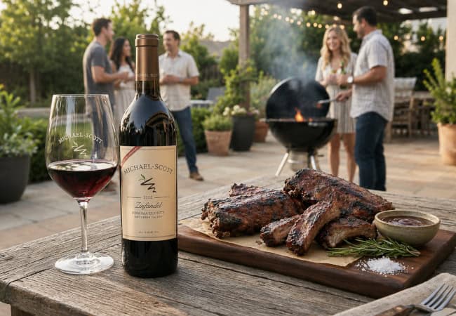Bottle of Michael-Scott 2022 Zinfandel next to a glass of red wine and a platter of grilled BBQ ribs at a summer backyard gathering.
