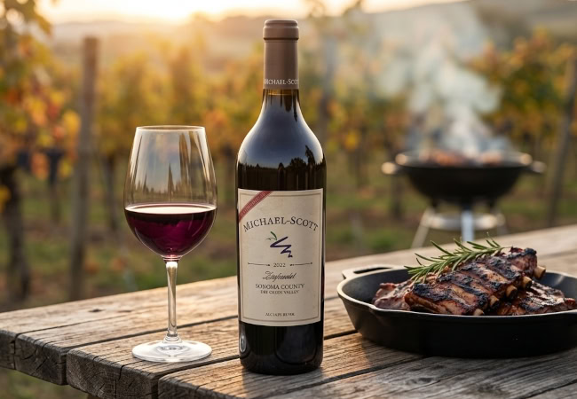 022 Michael-Scott Dry Creek Valley Zinfandel – 94 Points | $27.50 Closeout Bottle of 2022 Michael-Scott Dry Creek Valley Zinfandel next to a glass of red wine and grilled BBQ ribs in a vineyard