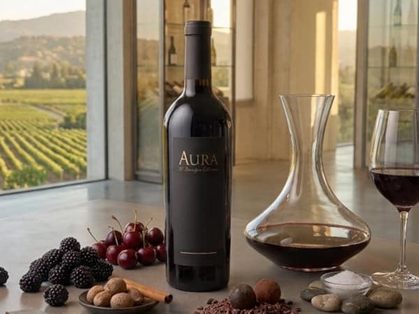 A bottle of Beau Vigne 2023 Aura Napa Valley Cabernet Sauvignon on a modern concrete tasting counter next to a crystal decanter, a glass of red wine, and fresh cherries, overlooking a sunlit vineyard.