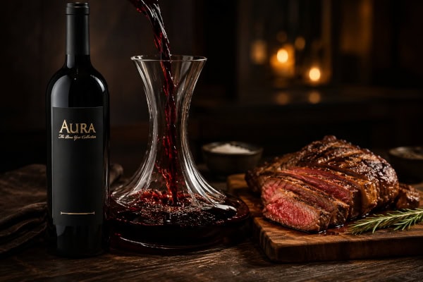 A bottle of Beau Vigne 2023 Aura Napa Valley Cabernet Sauvignon on a rustic dark oak table, with red wine pouring into a crystal decanter next to a juicy grilled tri-tip steak.