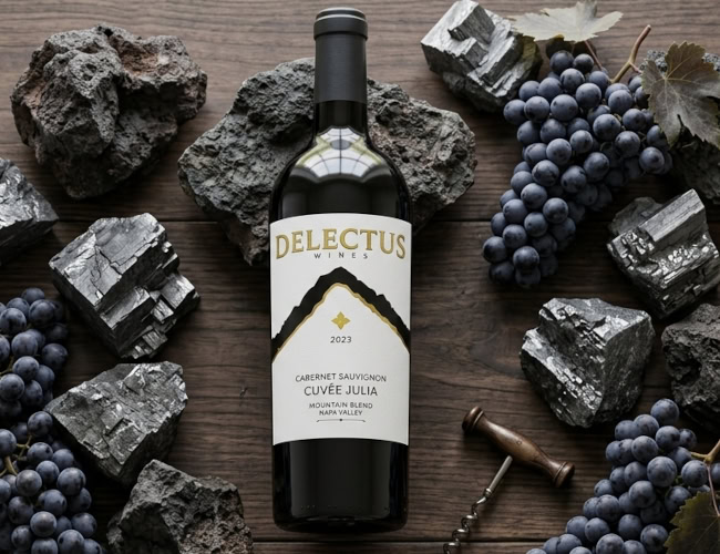 Delectus Cuvée Julia 2023 | Three-Mountain Napa Cabernet Terroir Delectus Cuvée Julia Napa Cabernet bottle surrounded by raw volcanic rock, graphite, and dark Cabernet grapes representing its three-mountain blend
