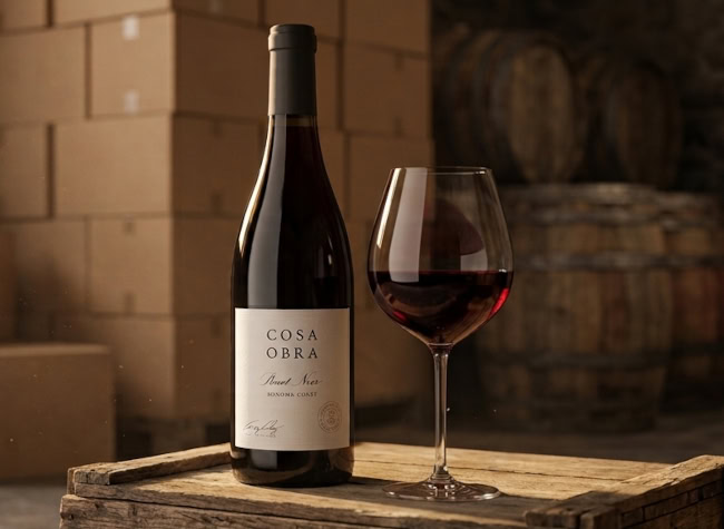 The forgotten 20 cases of Cosa Obra Pinot Noir — 50% Off! Cosa Obra 2022 Sonoma Coast Pinot Noir bottle in a rustic winery warehous