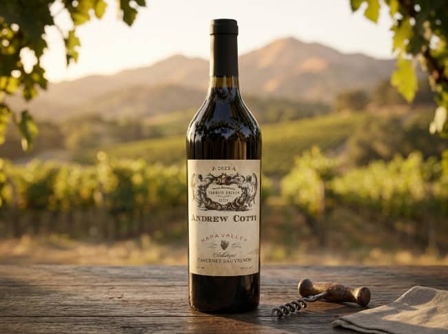 A bottle of 2023 Andrew Cotti Calistoga Cabernet Sauvignon resting on a rustic wooden table.