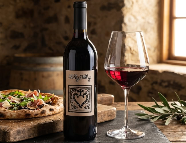 2023 Random Ridge Willy Nilly Moon Mountain District Sangiovese Allocation Bottle of 2023 Random Ridge Willy Nilly Moon Mountain District Sangiovese wine on volcanic slate with wood-fired pizza
